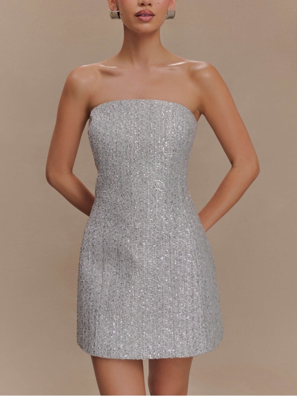 MESHKI GALA Strapless Tweed Silver Sequin Mini Dress Size M Holidiay Party 90s